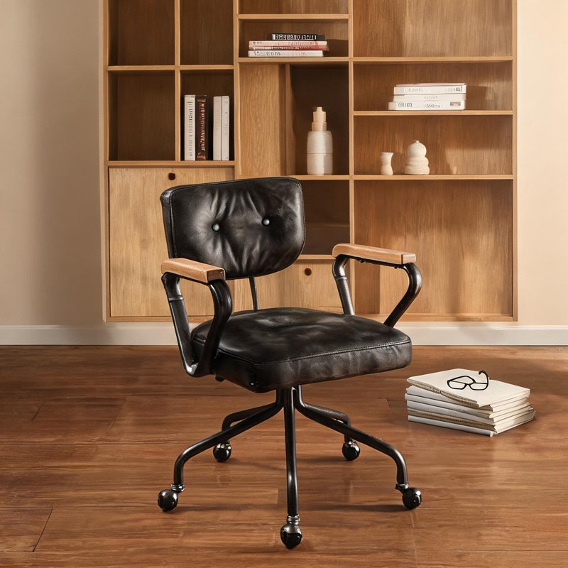 Fauteuil de direction rétro en cuir fleur rétro avec fonction pivotante, 25 po x 24 po x 32 po, accoudoirs fixes et garniture cloutée
