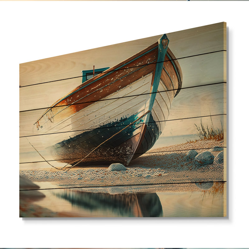 Bateau sur le rivage I - impression sur bois sans cadre, H 16 po x l 32 po x P 1 po