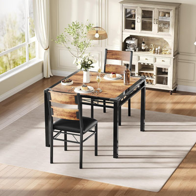 Dining Table Set, Solid Wood Table with Upholstered Chairs, 3-Piece Compact Size, Rustic Style for Small Kitchens and Apartments