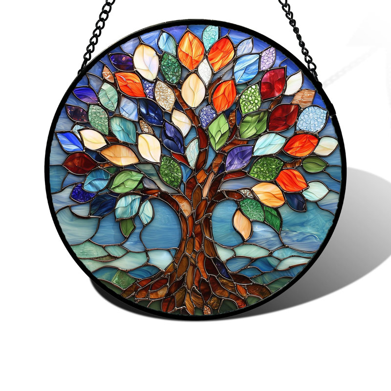 Arbre de vie en verre teinté Suncatcher suspendu, panneau de verre coloré décor de capteur de soleil avec chaîne pour la maison et la fenêtre