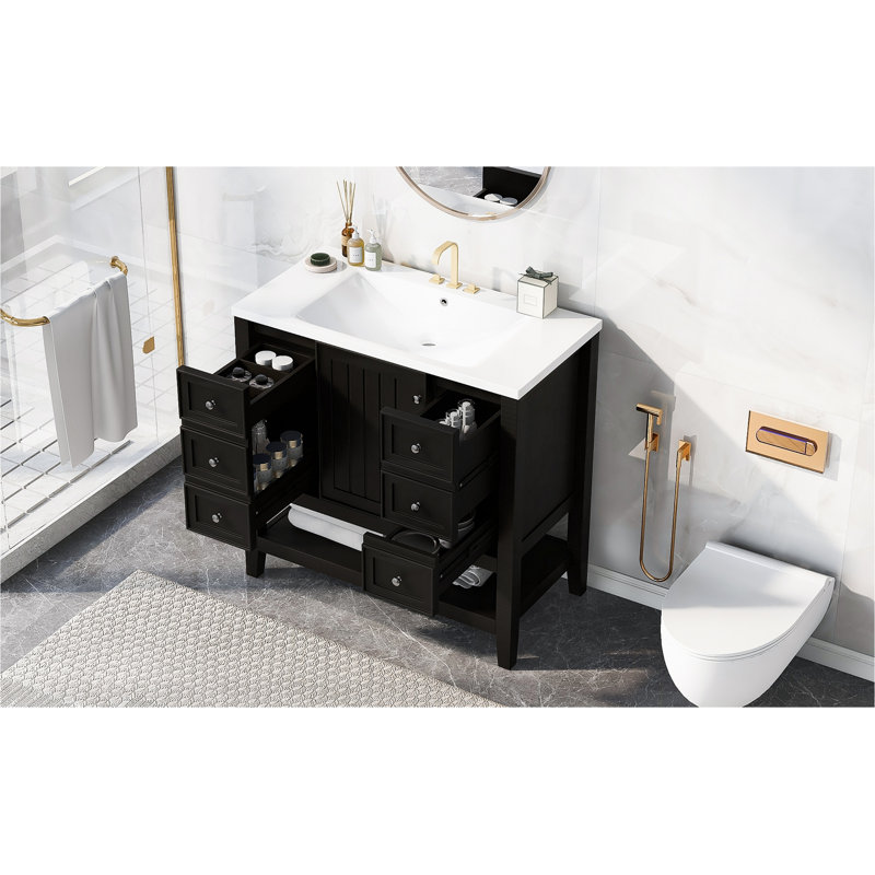 36" Bathroom Vanity With Sink Combo, One Cabinet And Three Drawers, Solid Wood And MDF Board, Black