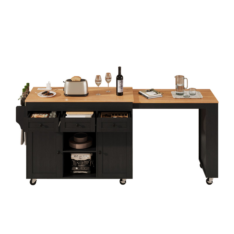 Îlot de cuisine 85,5 po avec table de salle à manger extensible, Noir