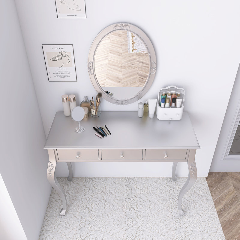 Luxury Makeup Vanity Desk With Oval Mirror, Silver
