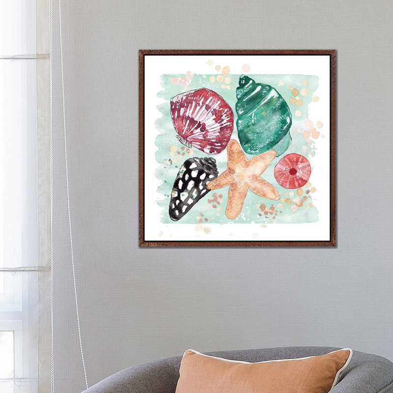 Beachcomber - Shell Medley by Sara Berrenson - Painting on Canvas, 66.04 cm H x 66.04 cm W, Classic Brown Wood Framed