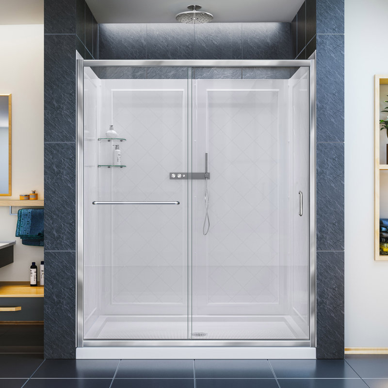 Infinity-Z 60" W x 30" D x 76.75" H Semi-Frameless Rectangle Shower Enclosure with Towel Bar and Base Included, Chrome, Clear