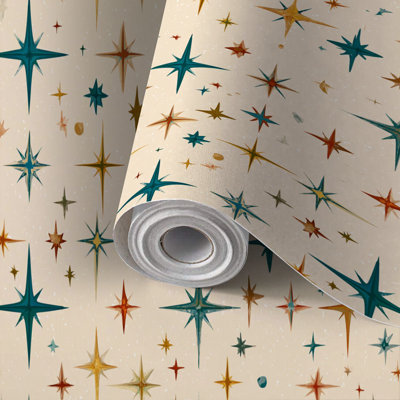 Papier peint adhésif peler et coller en PVC, revêtement mural auto-adhésif amovible avec imprimé rétro Mid-Century rétro sarcelle moutarde olive brun crème, imperméable pour la décoration intérieure - Rouleau