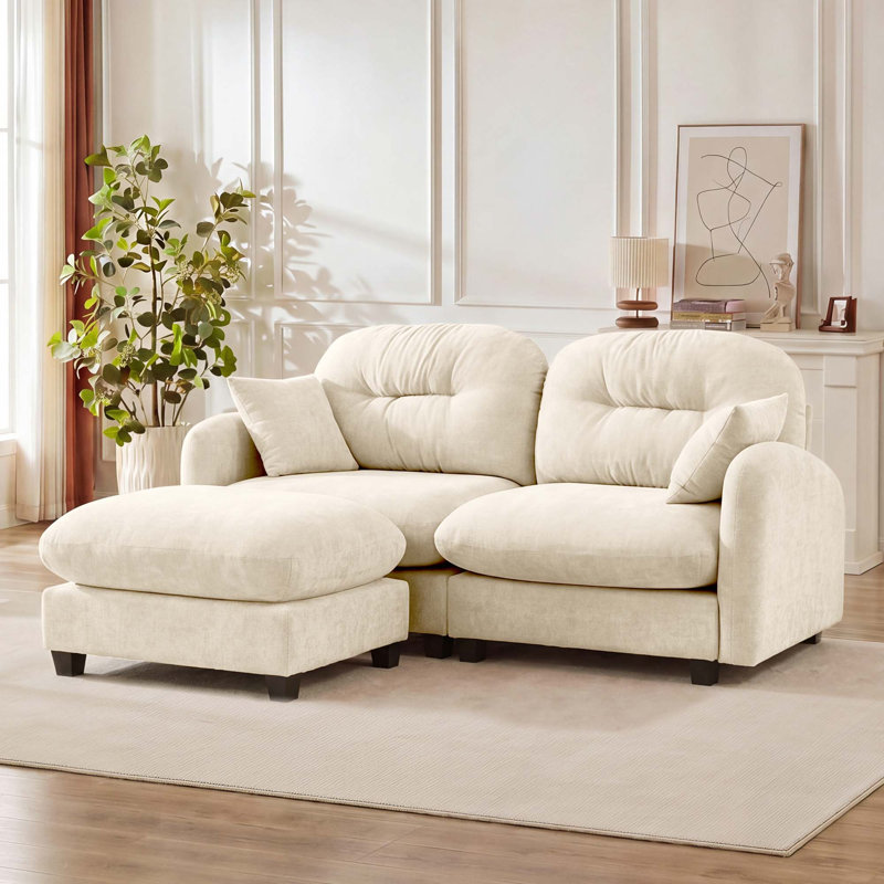 Canapé-lit modulaire ergonomique en chenille avec accoudoirs élégants avec base en bois et 1 repose-pieds, Beige