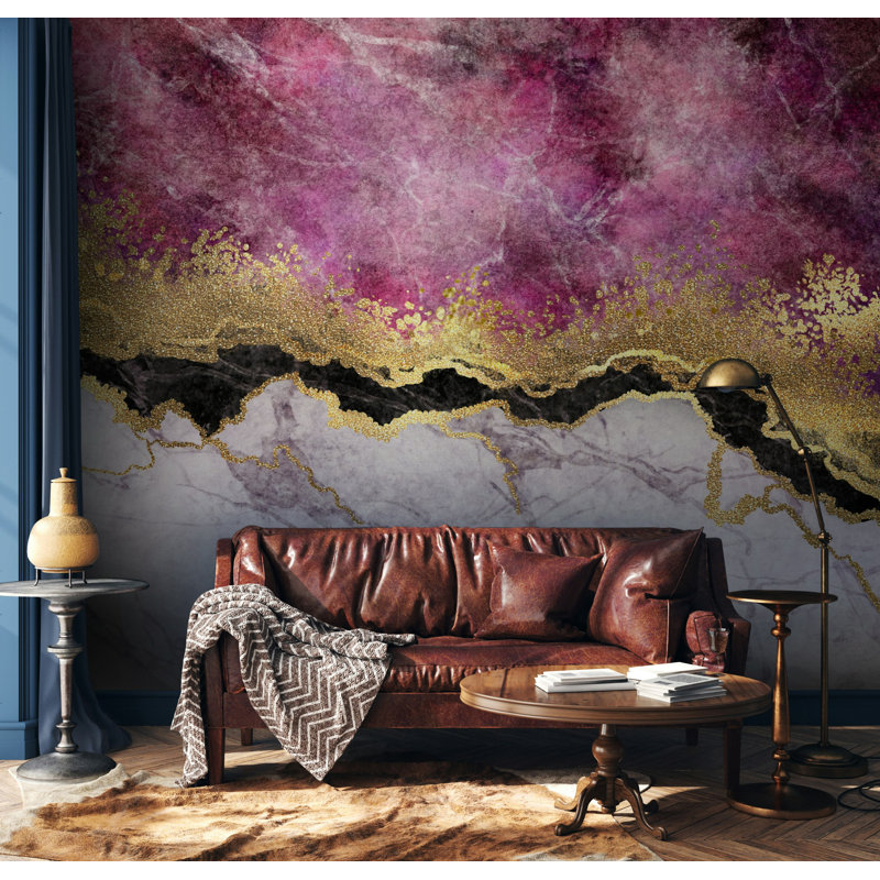 Papier peint avec bordure mauve et paillettes dorées, L 75 po x l 112 po