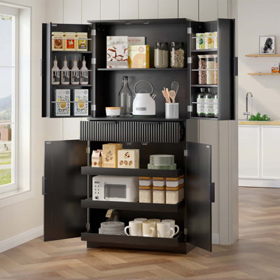 72" Fluted Kitchen Pantry Cabinet with 3 Keyboard Drawers & 6 Door Shelves Adjustable