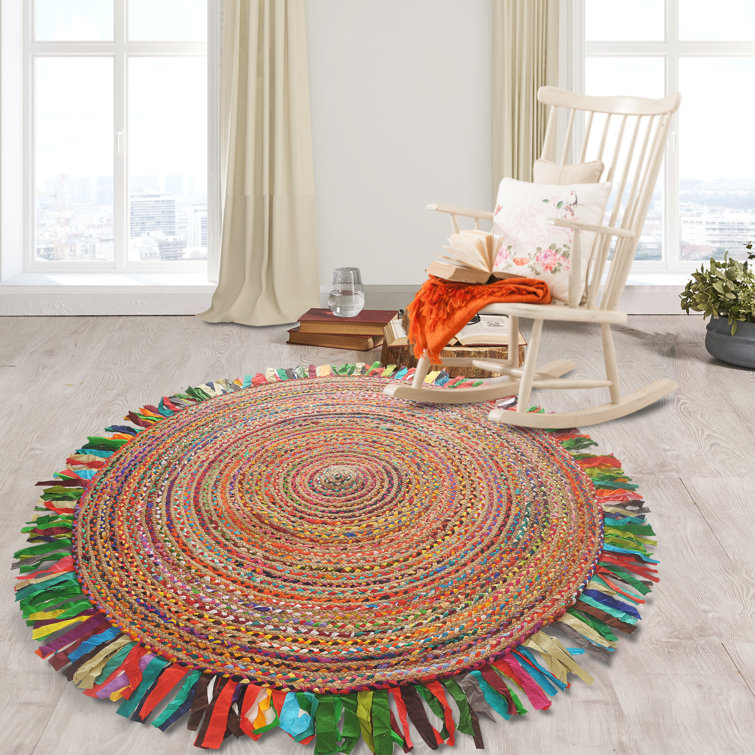 Whimsical Hand-braided Natural Fiber Jute Round Indoor Area Rug with Fringe