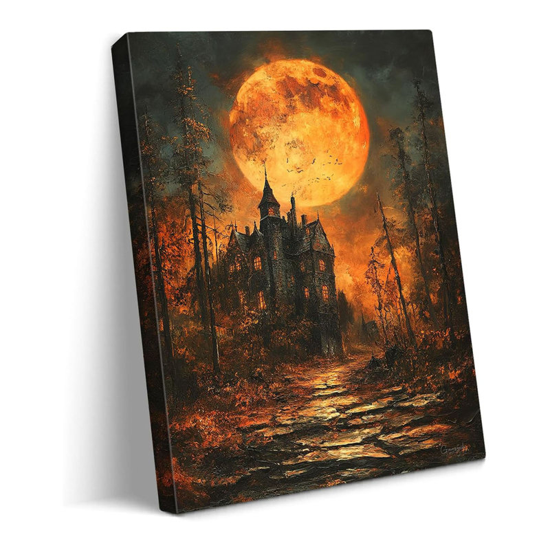 Halloween, art mural sur toile, château gothique avec des fenêtres brillantes, lune de sang sur une forêt effrayante, impressions pour salon, décoration murale encadrée, 18 x 24 po