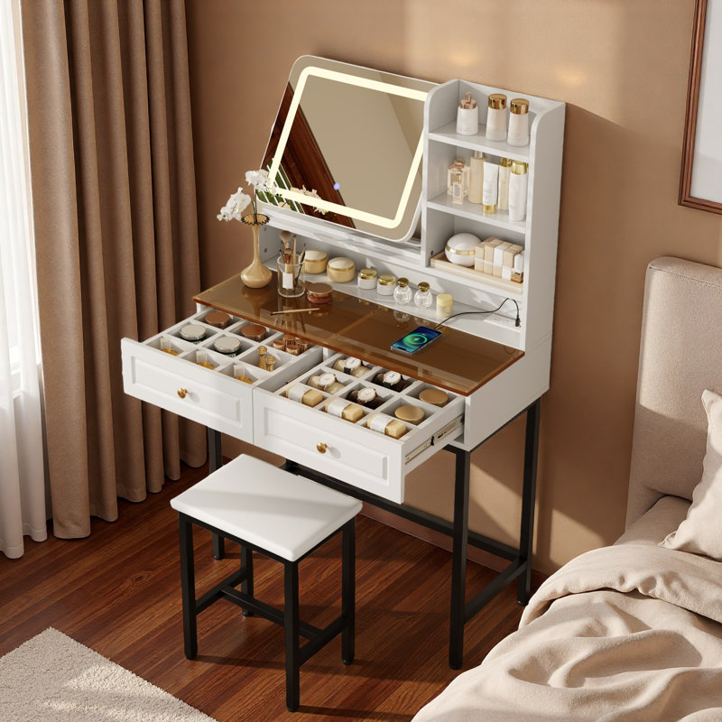 Makeup Vanity With Led Lighted Mirror, 360° Rotatable Mirror, 2 Drawers, Power Outlet, 3-tier Shelves, Amber Glass Table Top, Sturdy Metal Legs And Stool