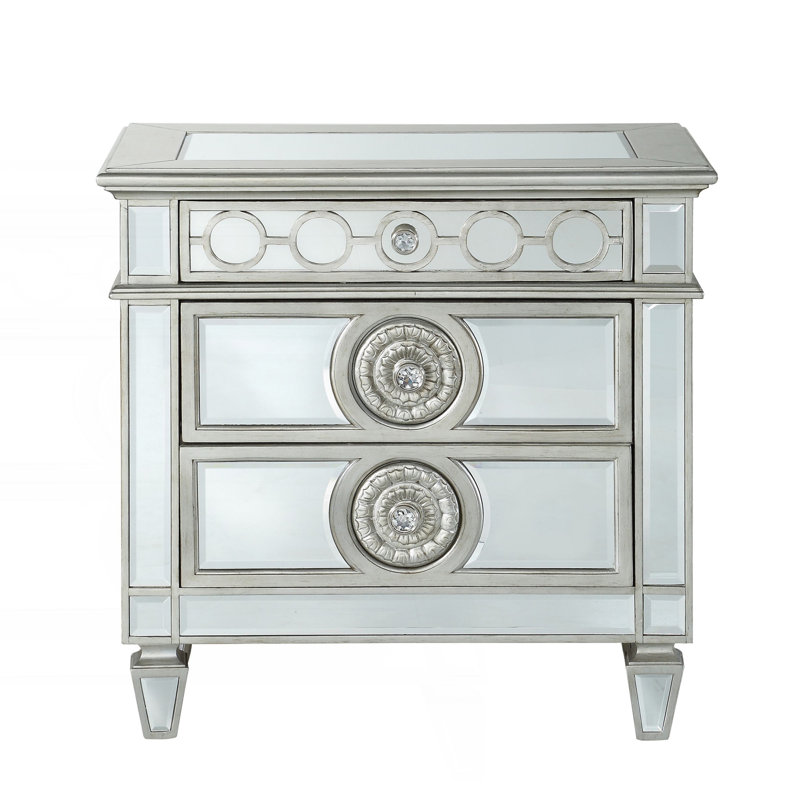 Table de chevet de luxe avec miroir et 3 tiroirs Glam, Transparent