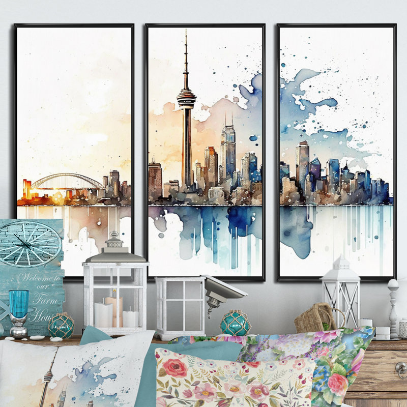Toronto Skyline I - 3 pièces sur toile, Cadre noir, H 28 po x l 36 po