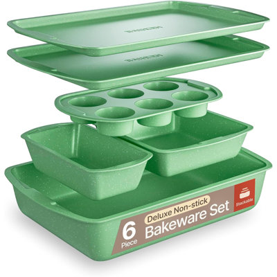 Bakken 6-piece Green Marble Baking Pan Set – Nonstick Carbon Steel Bakeware, Oven Safe To 450°f, Pfoa, Pfos & Ptfe Free, Durable