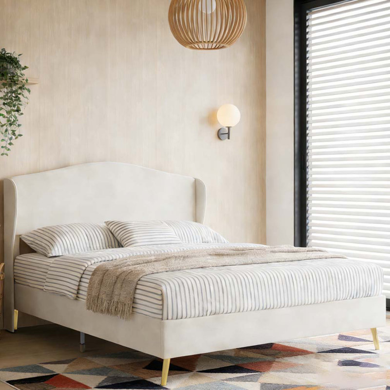 Lit tapissier en velours, Beige, Grand lit