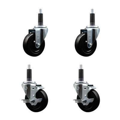 Hard Rubber Wheel Swivel Expand Stem Caster Set 2 Brakes SCC TLB 4" x 1"
