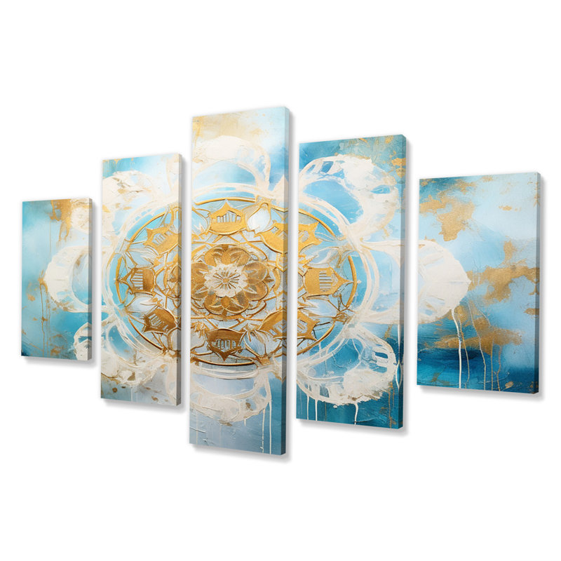 Divine mandala délicat or délicat turquoise II - impression d'art mural mandala boho - 5 panneaux