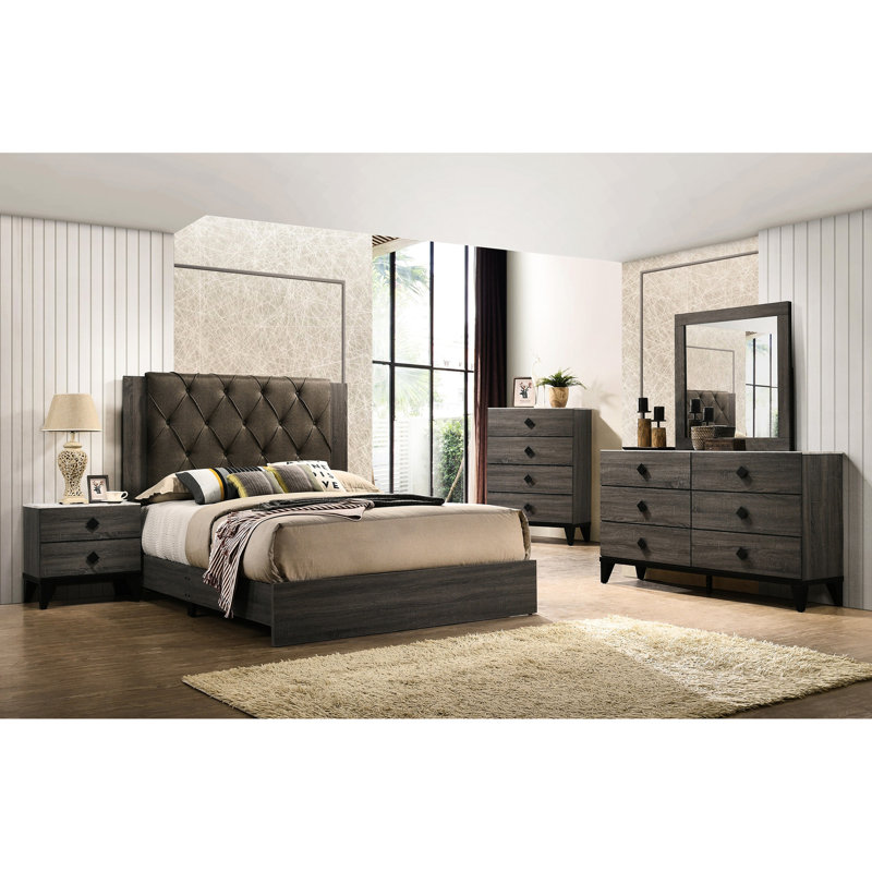 Très grand lit transitionnel avec tête de lit, fabrication contemporaine en bois d'hévéa, Gris, Très grand lit
