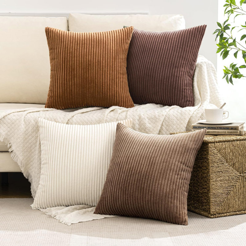 Coussins décoratifs d'automne en velours côtelé brun 18 x 18 | Ensemble de 4 housses de coussin de style campagnard rustique Mordern, collection Layered Brown Collection