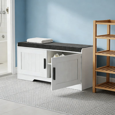 Banc de rangement à 2 niveaux avec siège rembourré, banc à chaussures d'entrée avec tablette réglable et 2 portes pour l'organisation du salon, de la chambre à coucher et du couloir