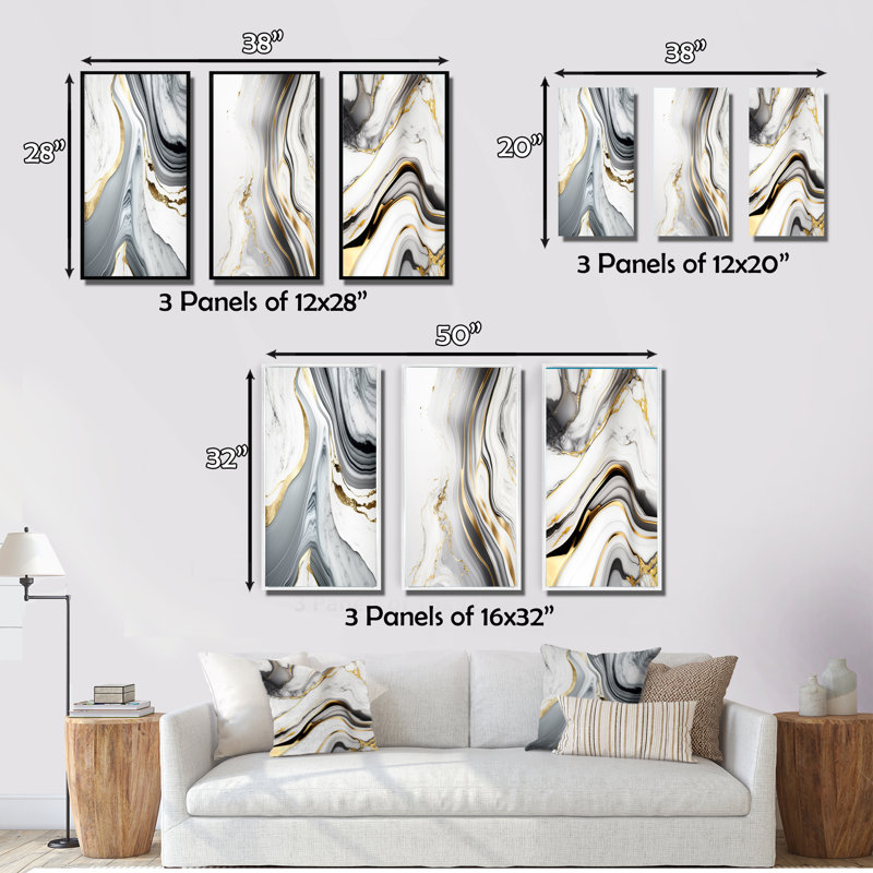 «Abstract Geode Marble Waves Grey», 3 pièces sur toile, H 20 po x l 36 po, Naturel