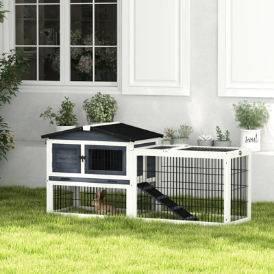 Outdoor Rabbit House, 59" 2 Levels With Weather Cover, Removable Tray And Steady Ramp, Dark Gray Outdoor, Wooden Roof, Tray,