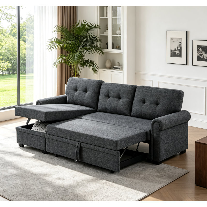 Canapé-lit modulaire en L 86 po avec méridienne réversible avec rangement, canapé-lit convertible moderne en mélange de lin pour salon d'appartement