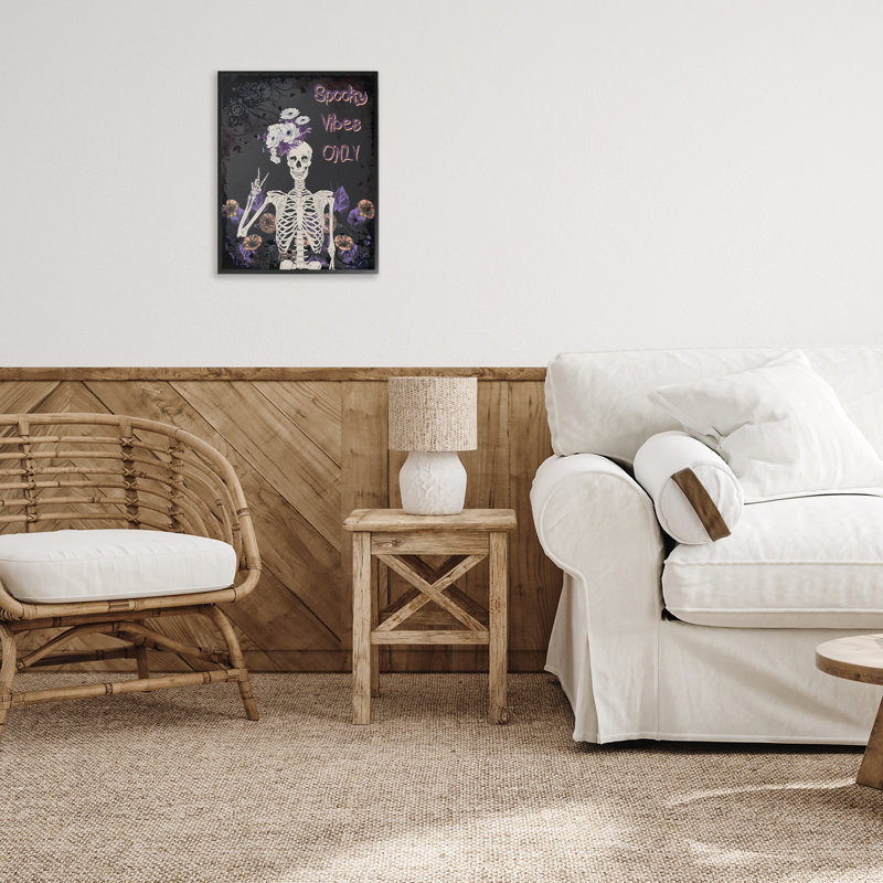 Spooky Vibes Only Skeleton Framed Giclee, design by Radhika Modi, 14" H x 11" W, Midnight Black Framed Giclee