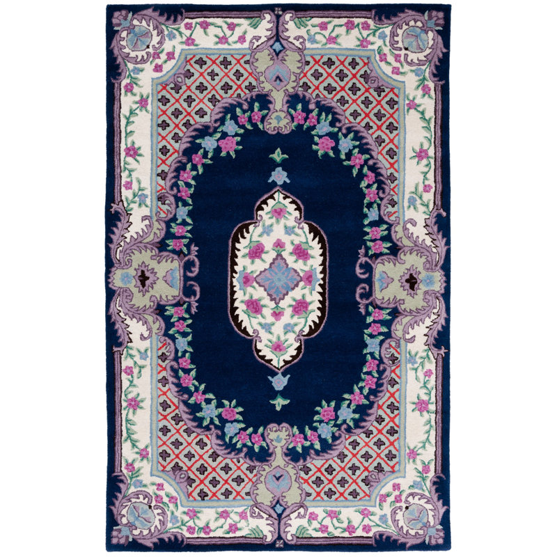 Tapis bleu marine / ivoire en laine touffeté à la main Couran, Rectangle 6 pi x 9 pi