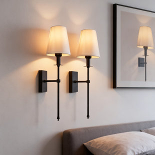 Ensemble de 2 appliques murales modernes avec abat-jour en tissu blanc, éclairage mince câblé pour meuble-lavabo, salon, chambre à coucher, entrée, cheminée et salle à manger