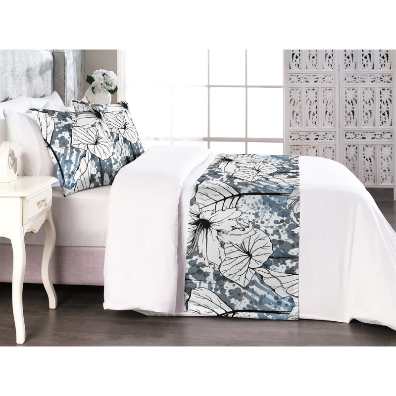 Ensemble de chemin de lit Ambesonne Jungle Boho fleurs monochromes blanc anthracite gris gris, Très grand lit