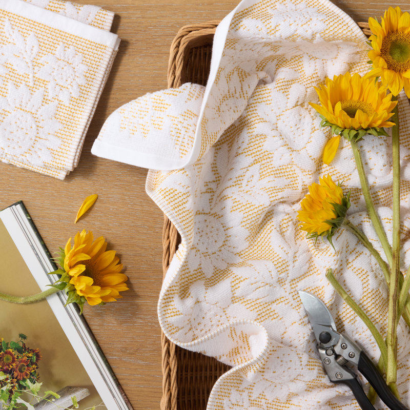 MARTHA STEWART Woodland Harvest Jacquard Sunflowers Kitchen Towel 2-Pack Set, 100% Cotton with Absorbent Honeycomb Texture, Decorative Kitchen Towels, Yellow, 16"X28"