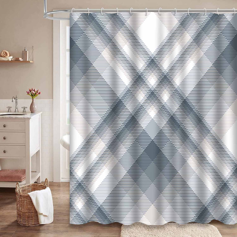 Rideau de douche à carreaux gris, beige, blanc et bleu avec 12 crochets, L 72 po x l 72 po
