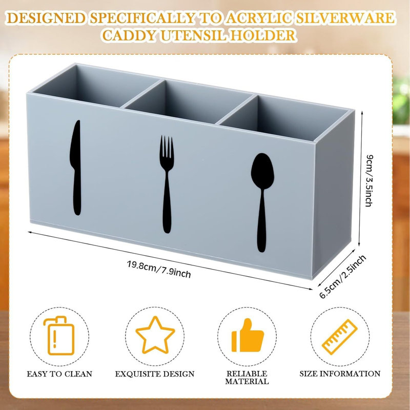 Gray Acrylic Cutlery Organizer 3 Section Silverware Caddy Storage Bin