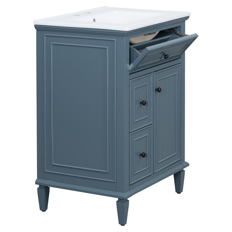 Meuble-lavabo moderne 24 po avec lavabo en céramique et bois massif Anchorin, Bleu gris