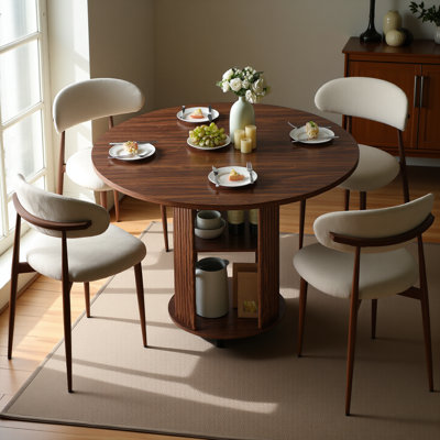 47.24" Round Dining Table (serves 2–4) With Two Dining Chairs Blends Modern And Farmhouse Styles, Featuring A Double-tiered Storage Shelf, Suitable For Dining Rooms Or Living Spaces.walnut