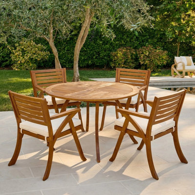 Cotswald 4 - Person Acacia Wood Patio Dining Set with Round Table , Cushions Included