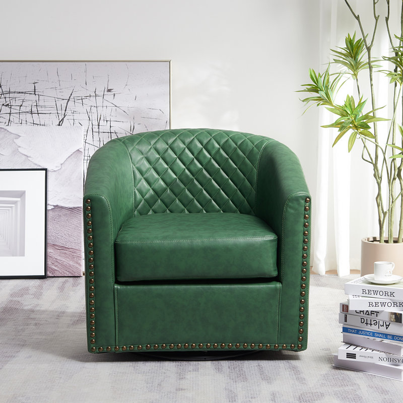 Boney 29" Wide Tufted Faux Leather Barrel Small Swivel Chair, Green Faux Leather