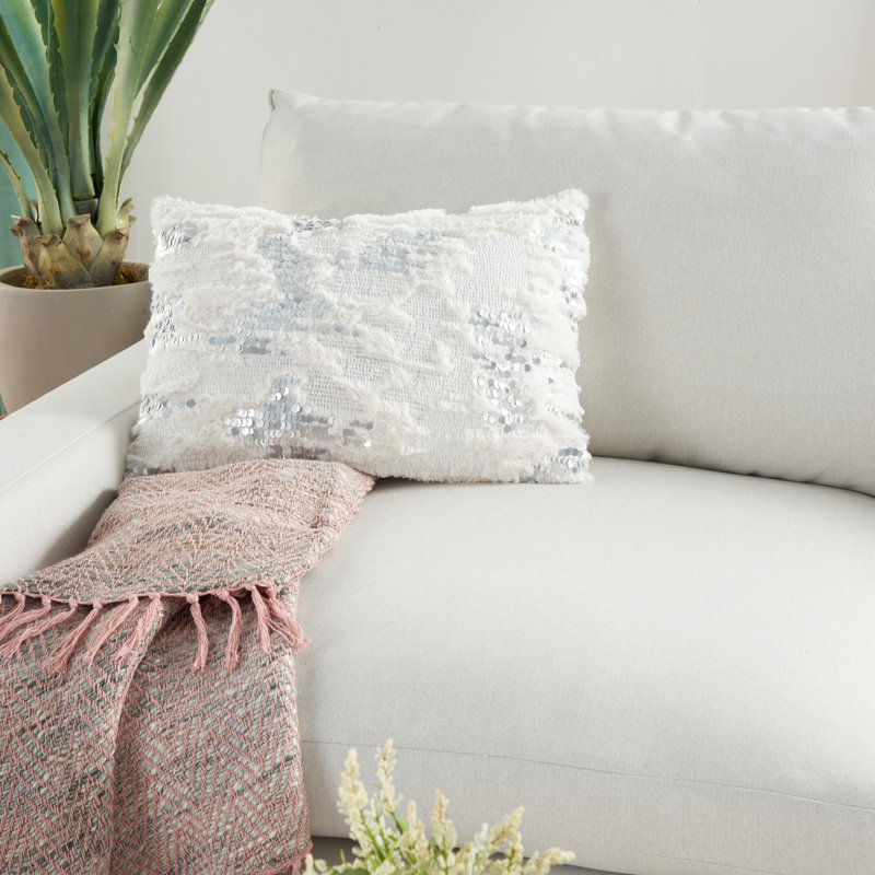 White Faux Fur and Sequins 20" x 20" Throw Pillow