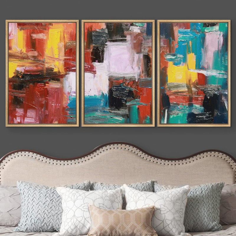 «Rainbow Paint Smudge Color Blocks», 3 pièces sur toile, Cadre naturel flottant, H 24 po x l 48 po