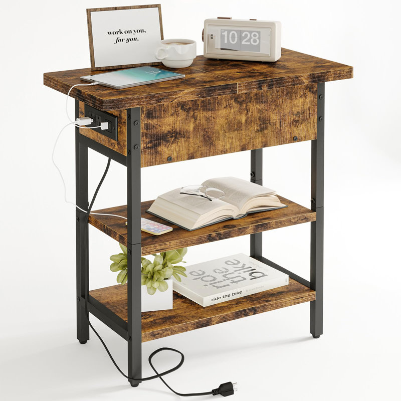 End Table with Charging Station – Flip Top Side Table with USB Ports and Power Outlets.