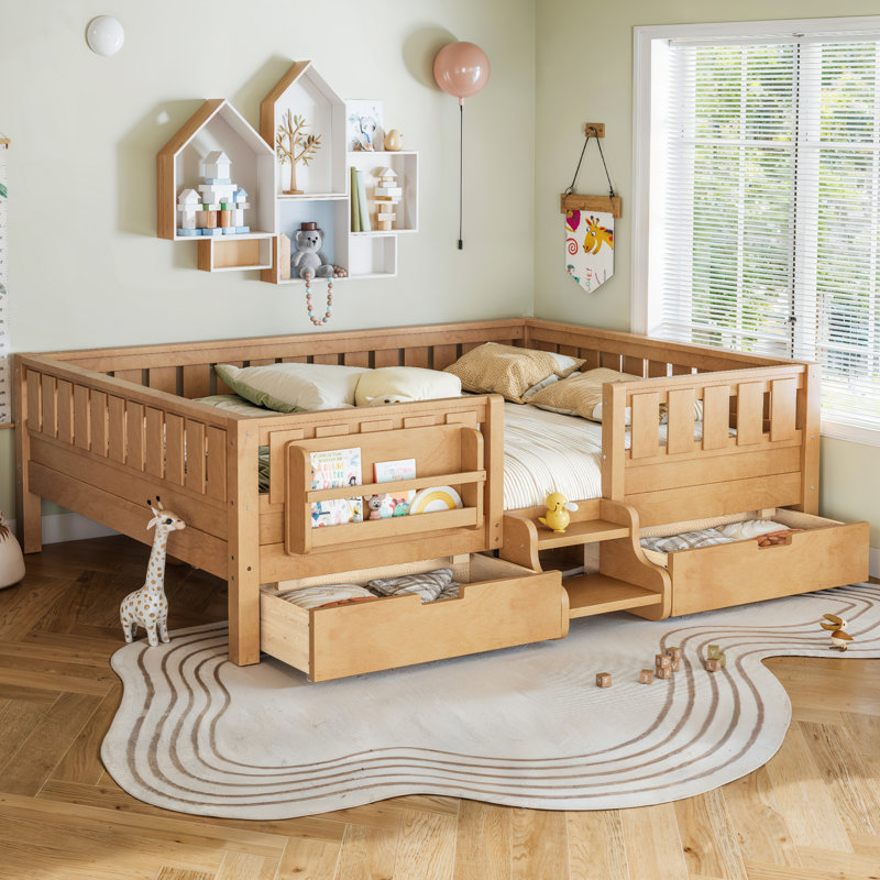Lit pour enfant très grand Storytime avec tiroirs de rangement et bibliothèque, Natural