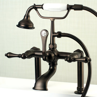 Kingston Brass Aqua Vintage Three-Handle 2-Hole Deck Mount Clawfoot Tub Faucet with Hand Shower