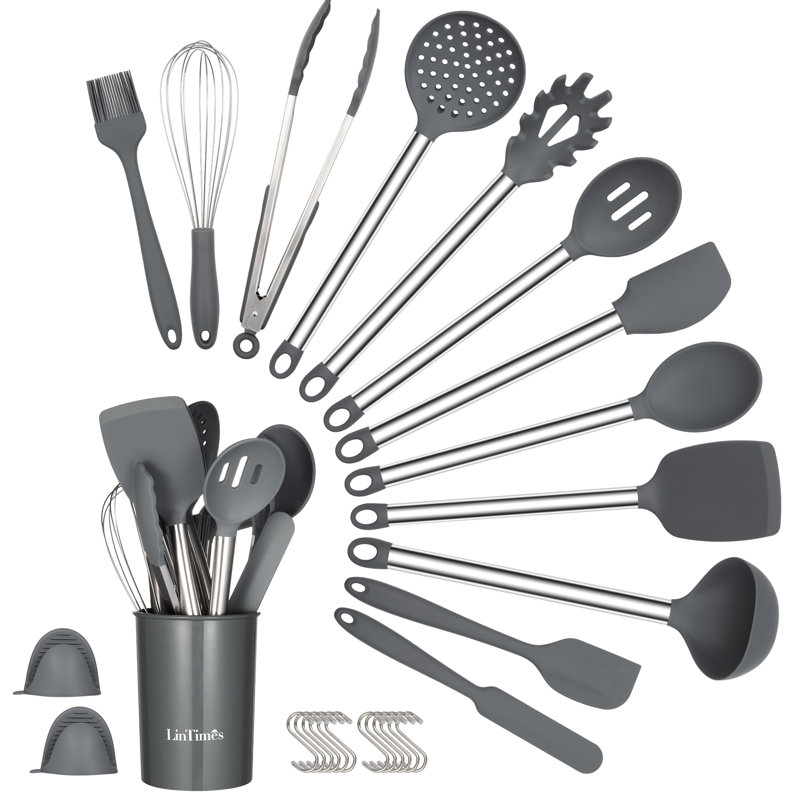 Ensemble de 27 ustensiles de cuisine assortis avec pot à ustensiles 27 pièces, gris
