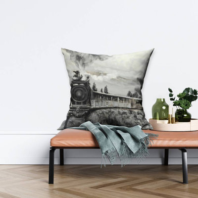 Steam Engine Train Throw - Gray Black & White – Throw Pillow Cover Only, Double-Sided Print, Insert Not Included
