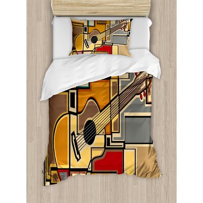 Music Funky Fractal Geometric Square Shaped Background with Acoustic Guitar Figure Art Duvet Cover Set -  Ambesonne, nev_26023_twin