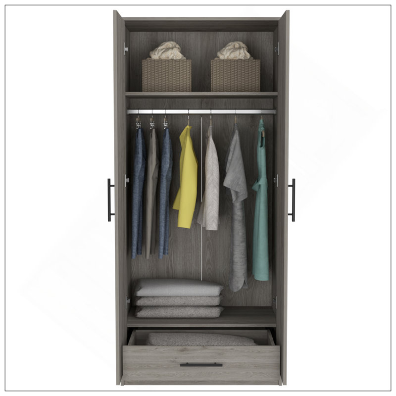 Armoire, armoires à deux portes, tringle en métal, poignée en métal, deux tablettes, un tiroir, gris clair
