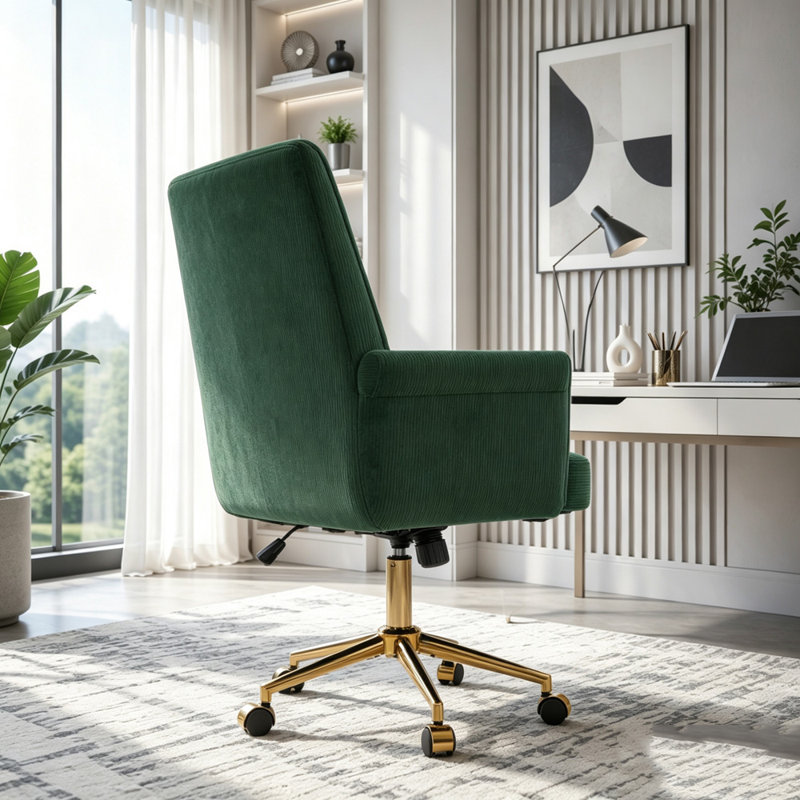 Chaise de bureau ergonomique à dossier moyen avec base dorée luxueuse, Velours côtelé vert