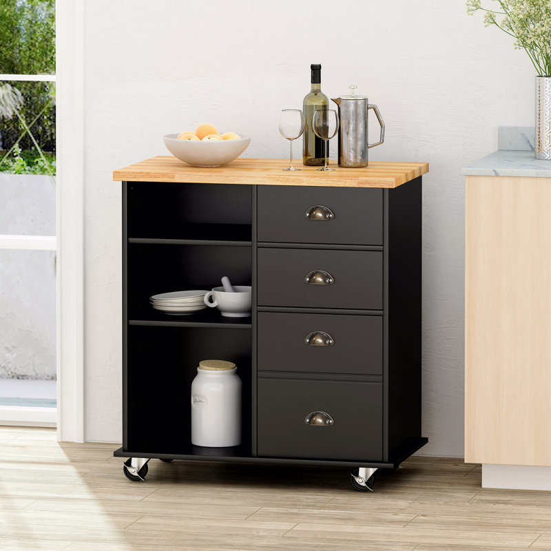 Chariot pour îlot de cuisine sur roulettes 31,5 po - Plateau en bois d'hévéa, 2 tiroirs + 3 tablettes + armoire (noir), Noir